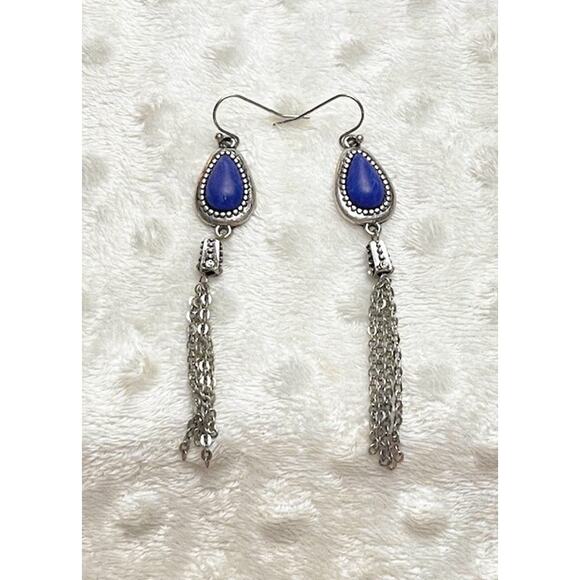 Vintage Natural Lapis Lazuli, Silver Plated, Tear Drop Shaped, Dangle Earrings - Picture 5 of 6